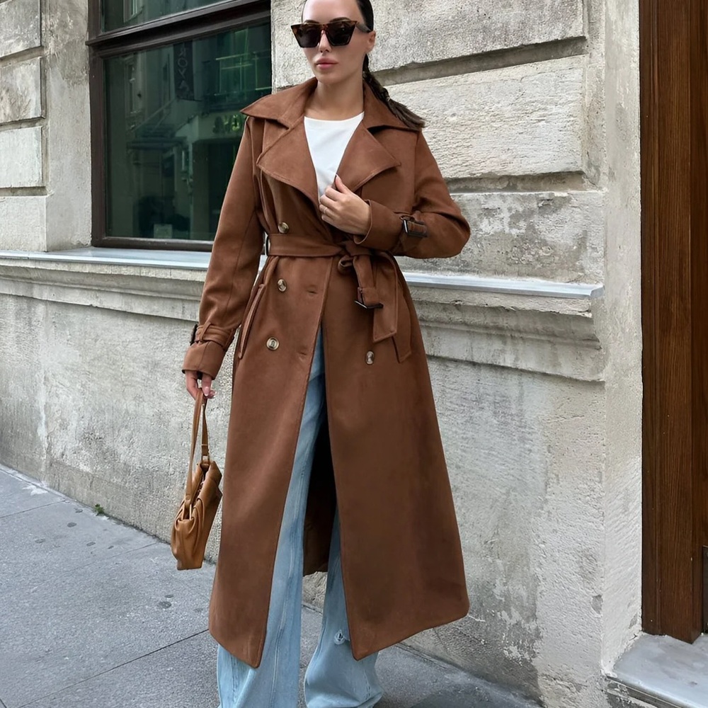 NWT Èdyisa Eva Faux Suede Trench Coat in Mocha Size Small